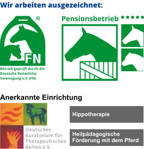 Anerkannte Einrichtung Hippotherapie Heilpädagogische Förderung mit dem Pferd Pensionsbetrieb Betrieb geprüft durch die Deutsche Reiterliche Vereinigung e.V. (FN) Wir arbeiten ausgezeichnet: